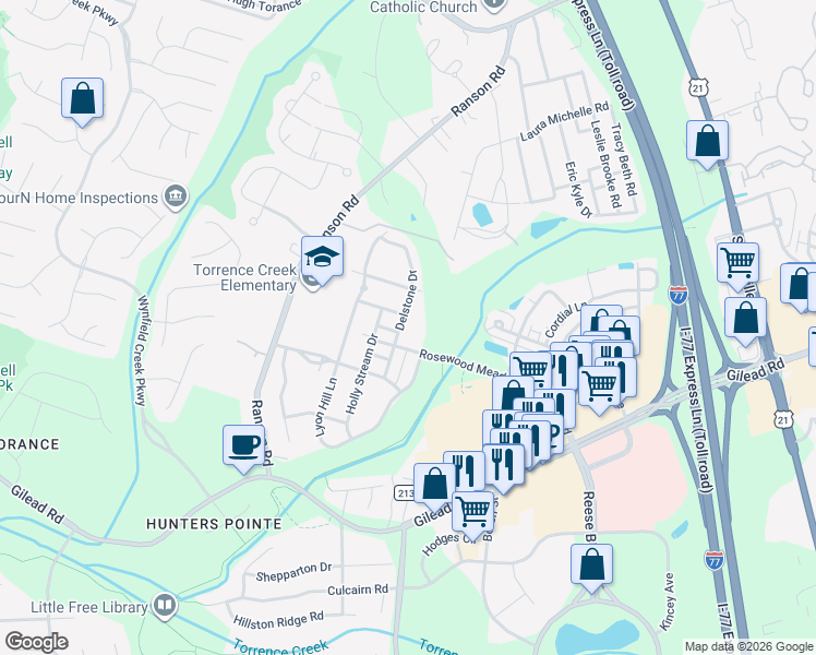 map of restaurants, bars, coffee shops, grocery stores, and more near in Huntersville