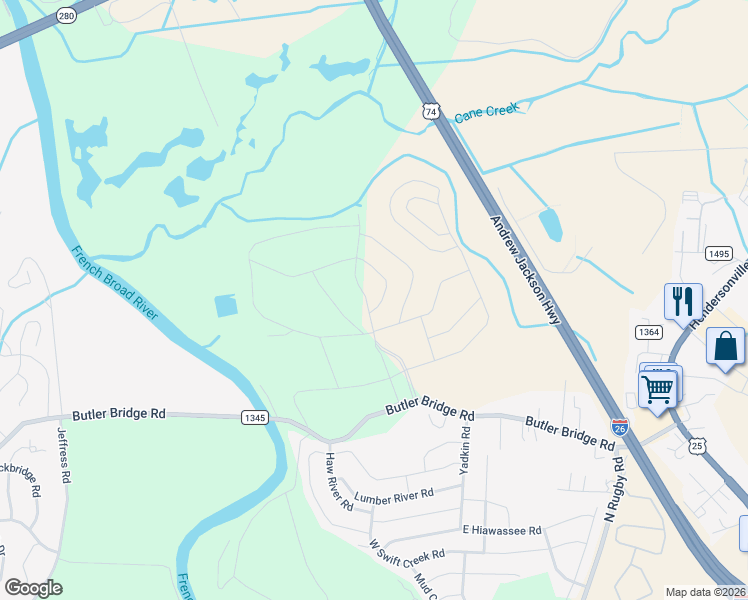 map of restaurants, bars, coffee shops, grocery stores, and more near 101-351 Tap Root Lane in Fletcher