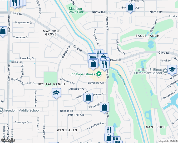 map of restaurants, bars, coffee shops, grocery stores, and more near 5604 Running Brook Street in Bakersfield