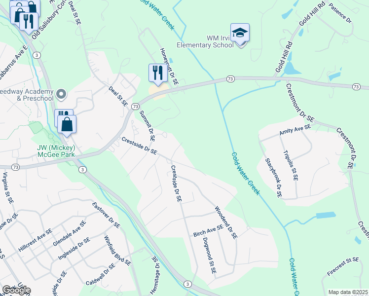 map of restaurants, bars, coffee shops, grocery stores, and more near 408 Conifer Place Southeast in Concord