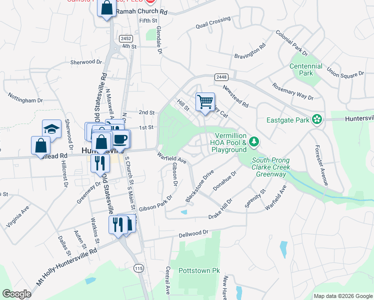 map of restaurants, bars, coffee shops, grocery stores, and more near 11127 Warfield Avenue in Huntersville