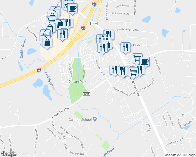 map of restaurants, bars, coffee shops, grocery stores, and more near 5536 Lemley Road Northwest in Concord