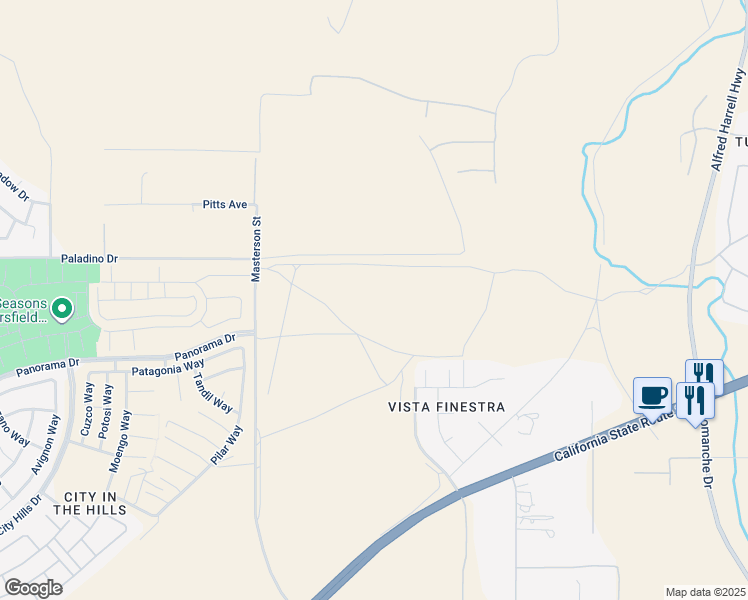 map of restaurants, bars, coffee shops, grocery stores, and more near Hickok Drive in Bakersfield