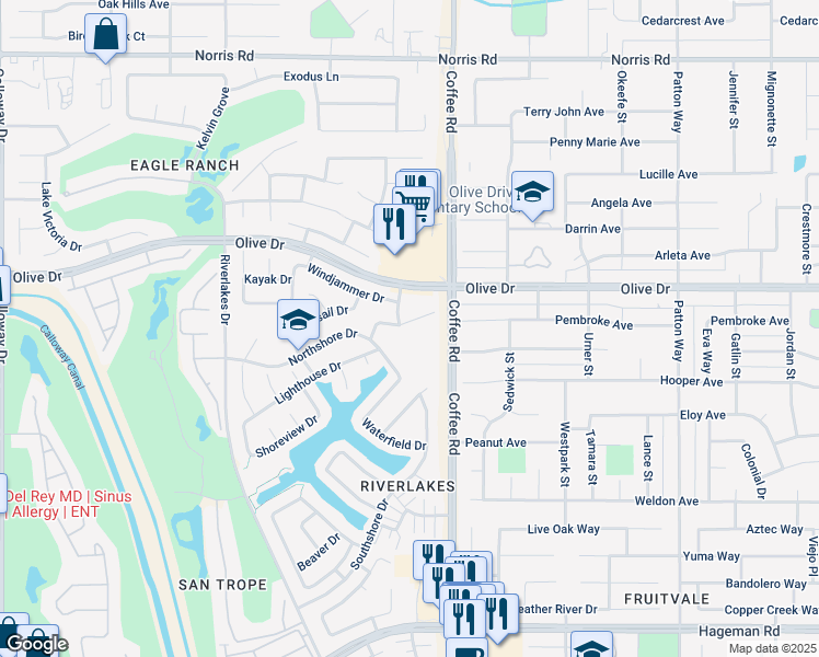 map of restaurants, bars, coffee shops, grocery stores, and more near 5601 Coffee Road in Bakersfield