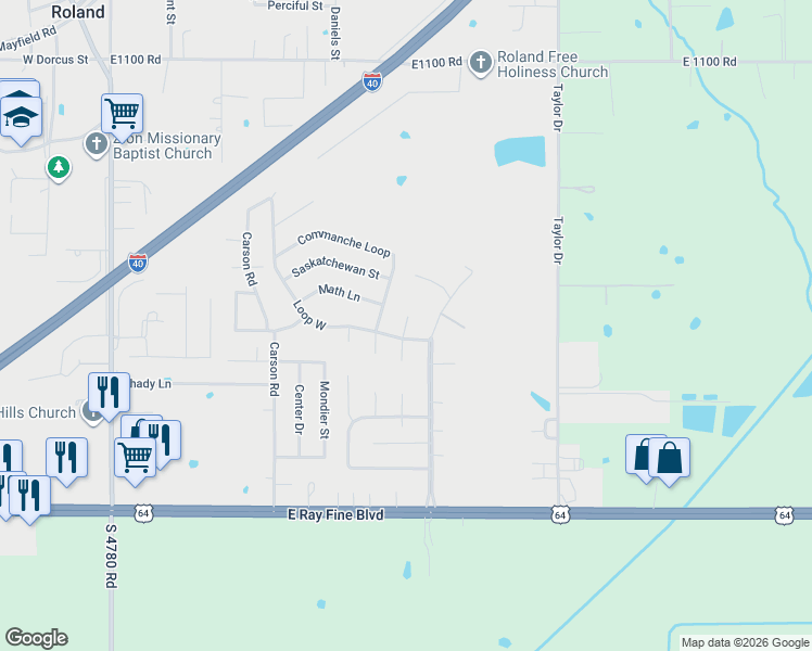 map of restaurants, bars, coffee shops, grocery stores, and more near 101 Loop West in Roland