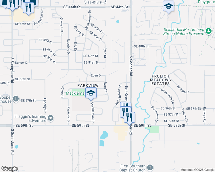 map of restaurants, bars, coffee shops, grocery stores, and more near 5600 Ryan Drive in Oklahoma City