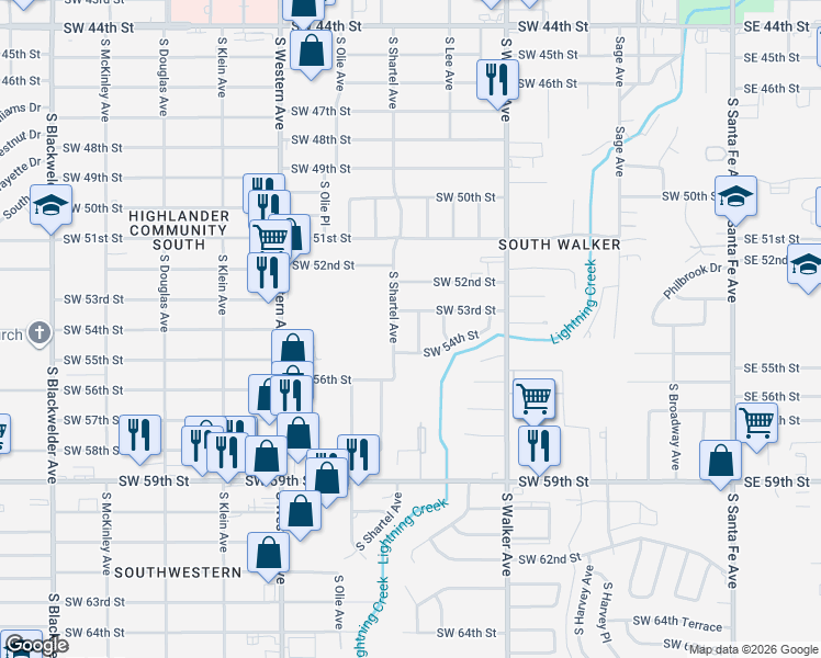 map of restaurants, bars, coffee shops, grocery stores, and more near 5424 South Shartel Avenue in Oklahoma City