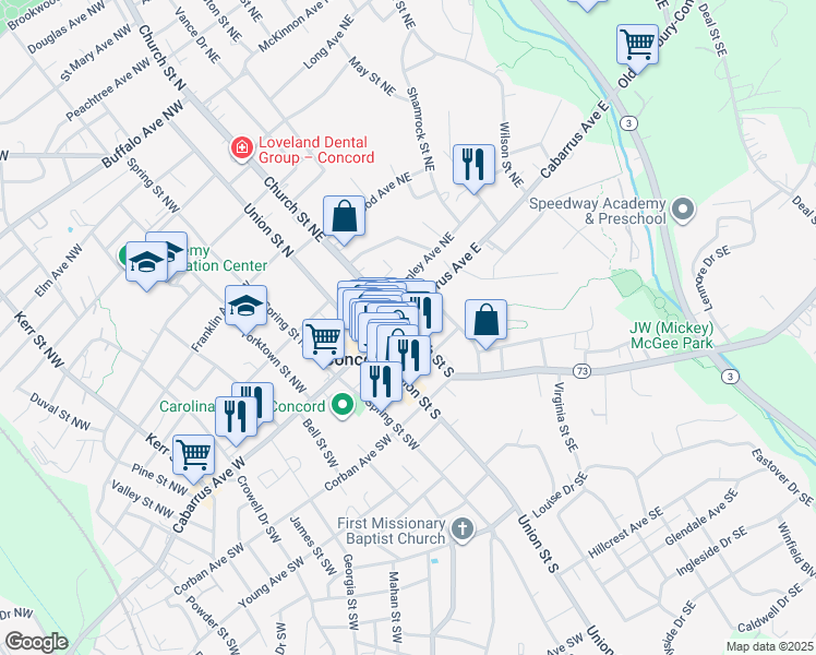 map of restaurants, bars, coffee shops, grocery stores, and more near 31 Church Street South in Concord