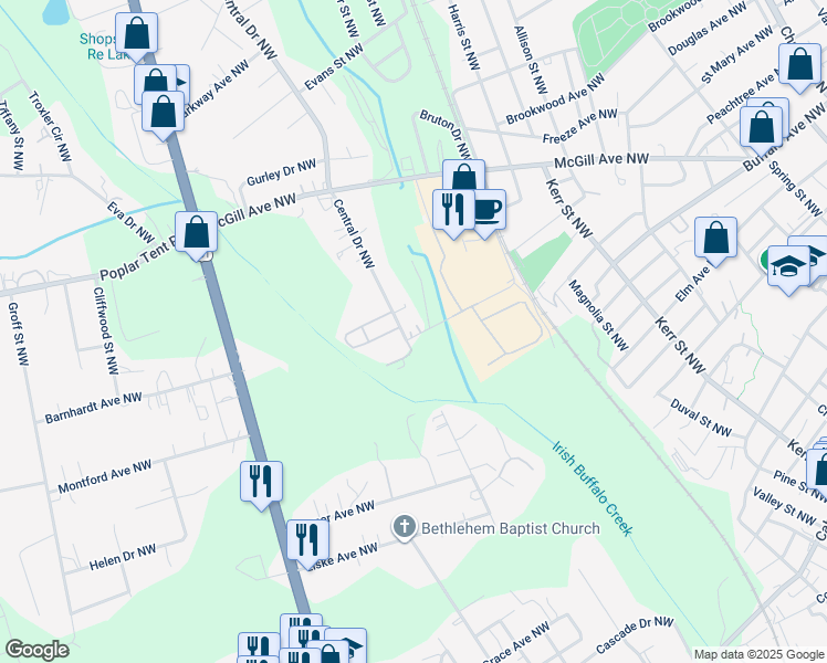 map of restaurants, bars, coffee shops, grocery stores, and more near Central Drive in Concord