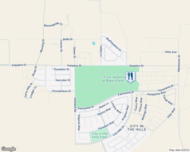 map of restaurants, bars, coffee shops, grocery stores, and more near 10022 Besancon Way in Bakersfield