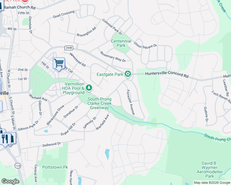 map of restaurants, bars, coffee shops, grocery stores, and more near 12918 Blakemore Avenue in Huntersville