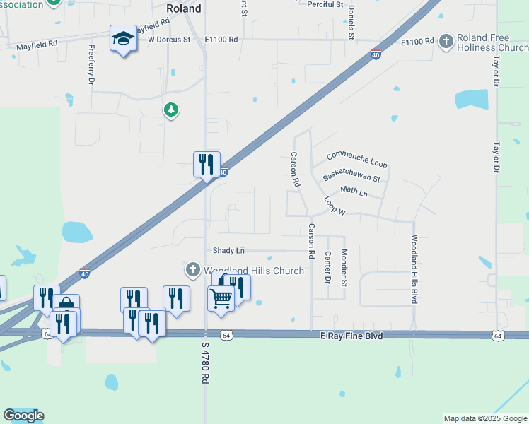 map of restaurants, bars, coffee shops, grocery stores, and more near 109 Claretta in Roland