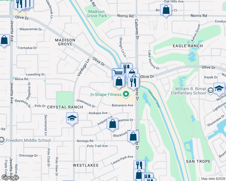 map of restaurants, bars, coffee shops, grocery stores, and more near 5604 Running Brook Street in Bakersfield