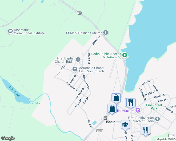 map of restaurants, bars, coffee shops, grocery stores, and more near 697 Roosevelt Street in Badin