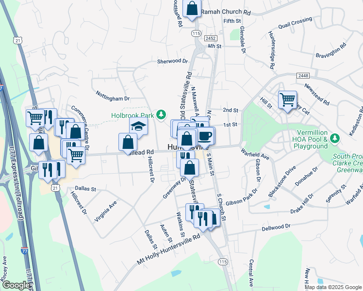 map of restaurants, bars, coffee shops, grocery stores, and more near 101 North Old Statesville Road in Huntersville