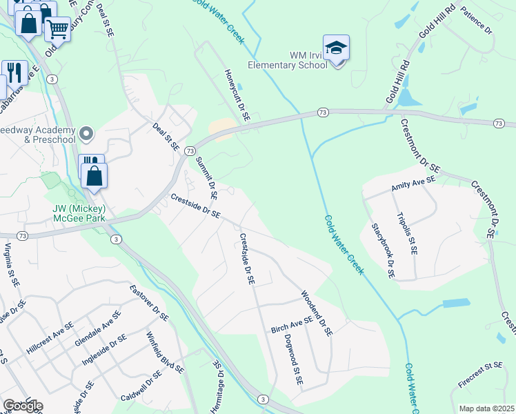 map of restaurants, bars, coffee shops, grocery stores, and more near 408 Conifer Place Southeast in Concord