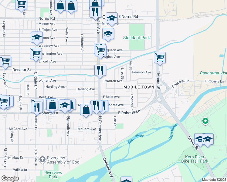 map of restaurants, bars, coffee shops, grocery stores, and more near 121 East Harding Avenue in Bakersfield