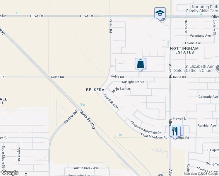 map of restaurants, bars, coffee shops, grocery stores, and more near 5702 Morning Breeze Street in Bakersfield