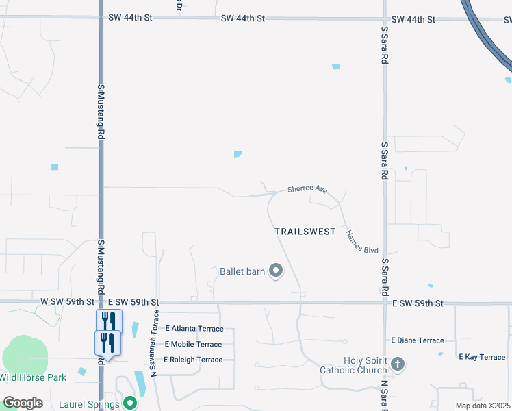 map of restaurants, bars, coffee shops, grocery stores, and more near 5601 Stewart Drive in Mustang