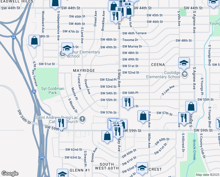 map of restaurants, bars, coffee shops, grocery stores, and more near 2942 Southwest 54th Street in Oklahoma City