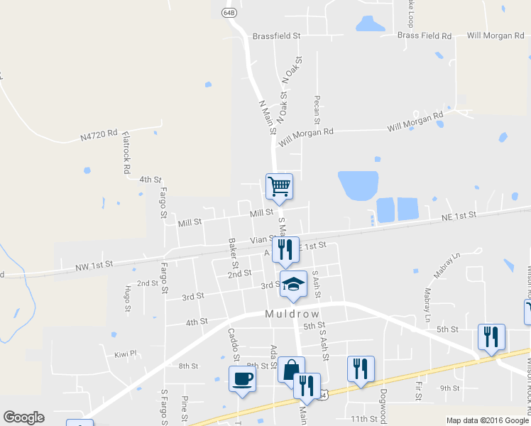 map of restaurants, bars, coffee shops, grocery stores, and more near 100 Northeast 2nd Street in Muldrow