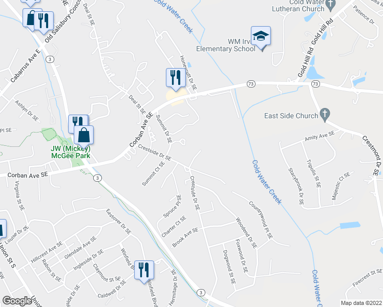 map of restaurants, bars, coffee shops, grocery stores, and more near 403 Conifer Place Southeast in Concord