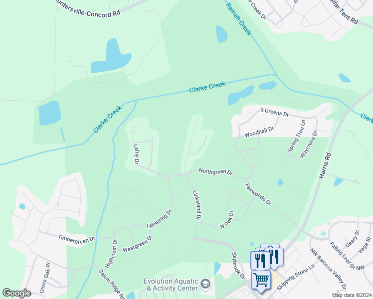 map of restaurants, bars, coffee shops, grocery stores, and more near 10203 Linksland Drive in Huntersville