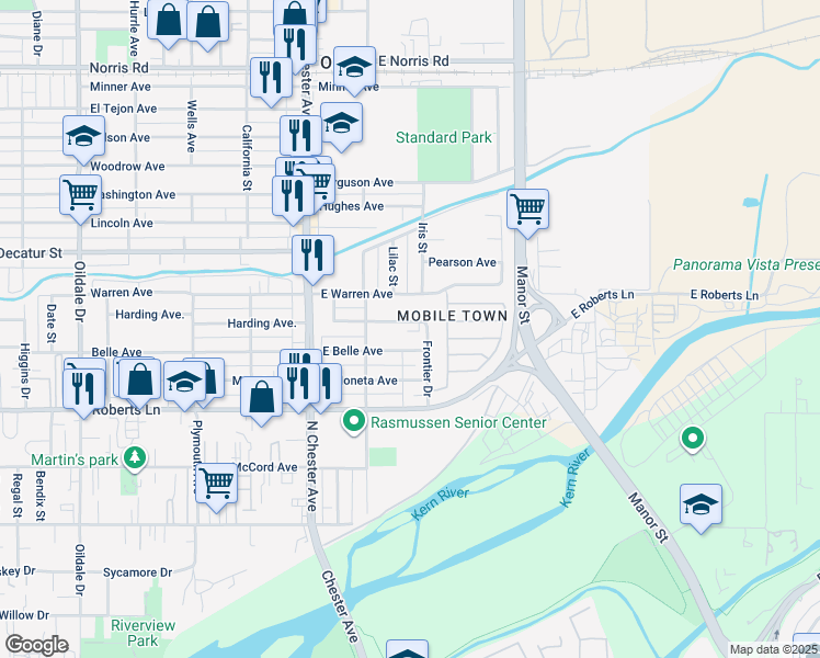 map of restaurants, bars, coffee shops, grocery stores, and more near 216 East Belle Avenue in Bakersfield