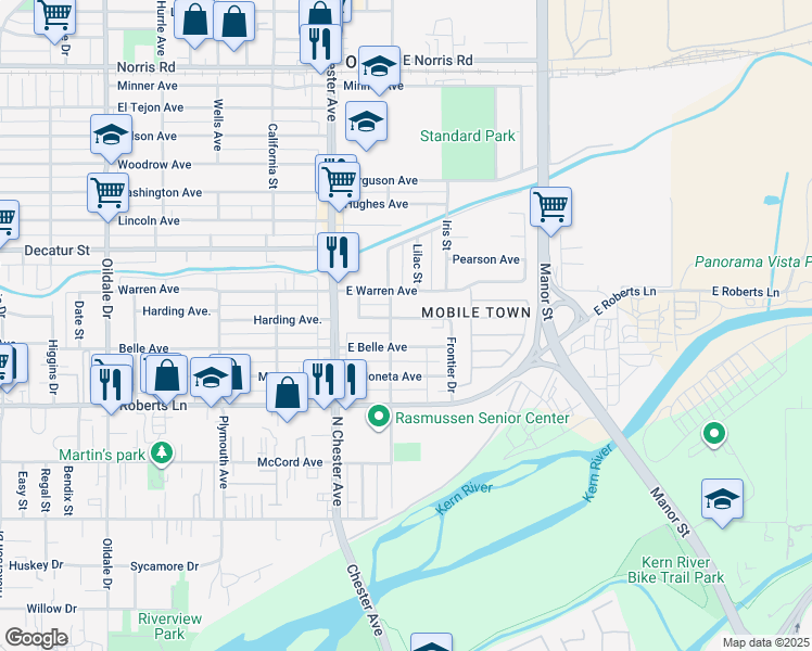 map of restaurants, bars, coffee shops, grocery stores, and more near 216 East Belle Avenue in Bakersfield
