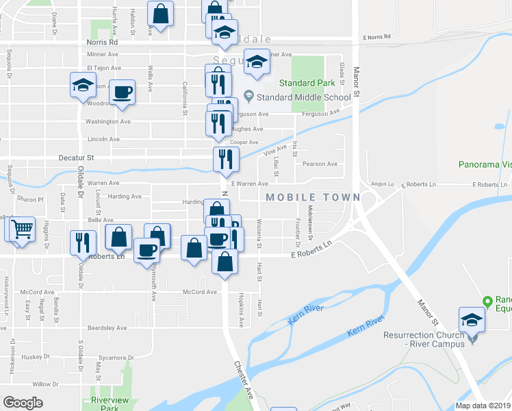 map of restaurants, bars, coffee shops, grocery stores, and more near 120 East Belle Avenue in Bakersfield