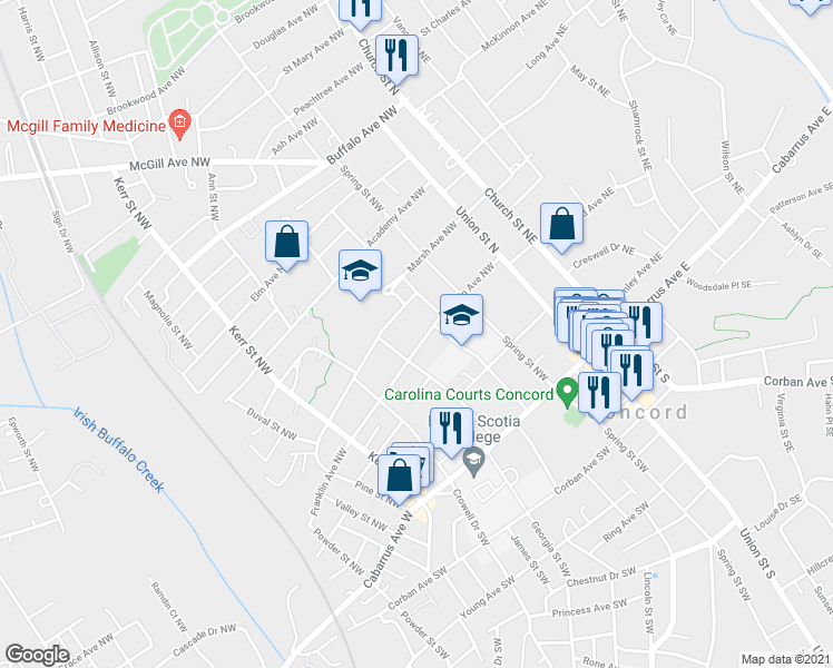 map of restaurants, bars, coffee shops, grocery stores, and more near 94 Georgia Street Southwest in Concord