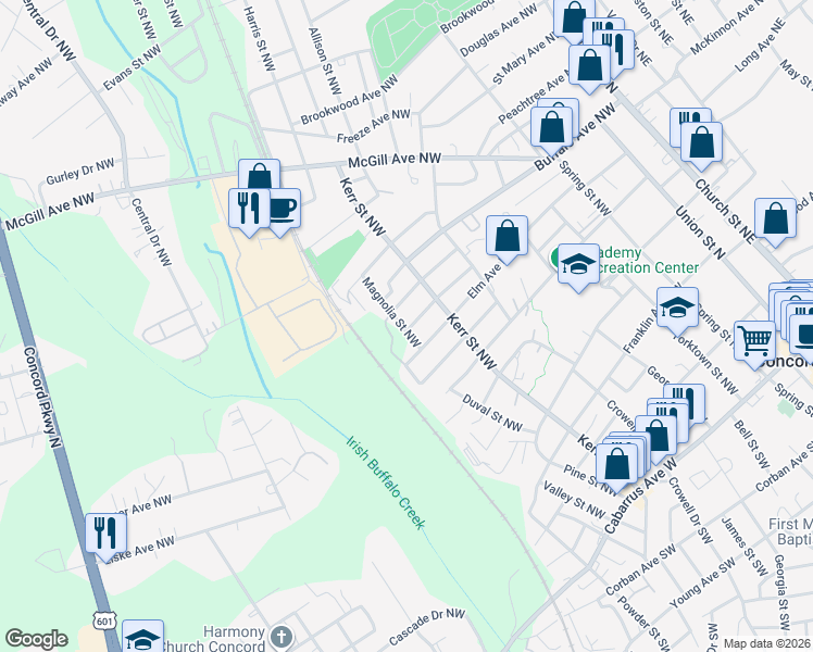 map of restaurants, bars, coffee shops, grocery stores, and more near 294 Elm Avenue Northwest in Concord