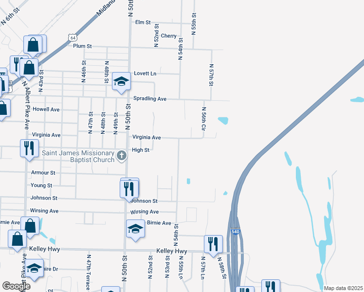 map of restaurants, bars, coffee shops, grocery stores, and more near 3306 North 54th Street in Fort Smith