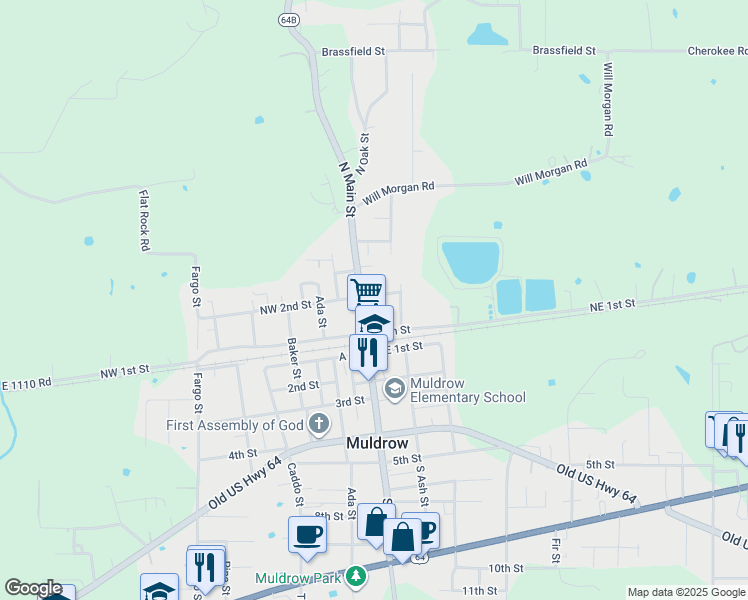 map of restaurants, bars, coffee shops, grocery stores, and more near 108 South Main Street in Muldrow