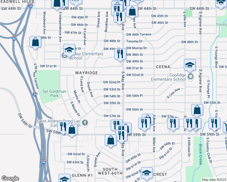 map of restaurants, bars, coffee shops, grocery stores, and more near 2942 Southwest 54th Street in Oklahoma City