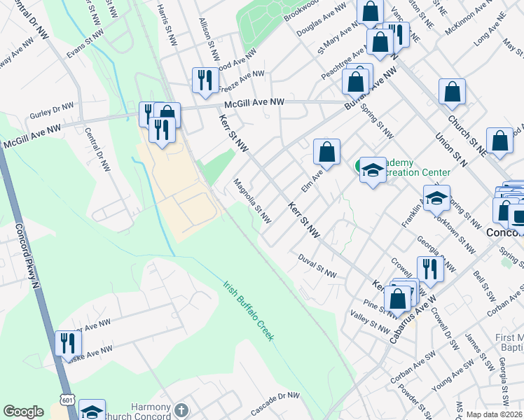 map of restaurants, bars, coffee shops, grocery stores, and more near 294 Elm Avenue Northwest in Concord