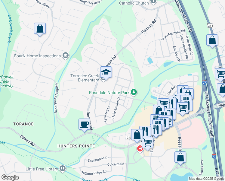 map of restaurants, bars, coffee shops, grocery stores, and more near 14605 Lyon Hill Lane in Huntersville