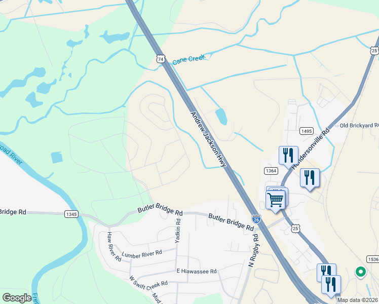 map of restaurants, bars, coffee shops, grocery stores, and more near 322 Butler Bridge Road in Fletcher