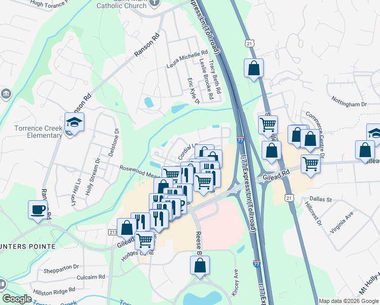 map of restaurants, bars, coffee shops, grocery stores, and more near in Huntersville