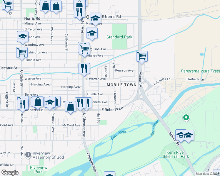 map of restaurants, bars, coffee shops, grocery stores, and more near 216 East Belle Avenue in Bakersfield