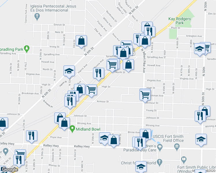 map of restaurants, bars, coffee shops, grocery stores, and more near 3699 High Street in Fort Smith