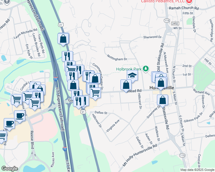 map of restaurants, bars, coffee shops, grocery stores, and more near 400 Gilead Road in Huntersville