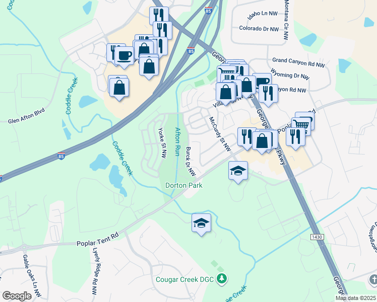 map of restaurants, bars, coffee shops, grocery stores, and more near Burck Drive Northwest in Concord