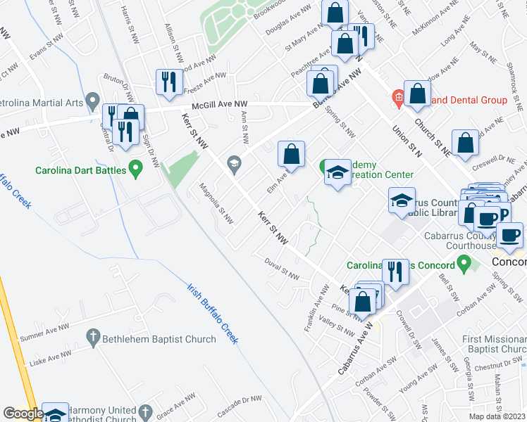 map of restaurants, bars, coffee shops, grocery stores, and more near 238 Kerr Street Northwest in Concord