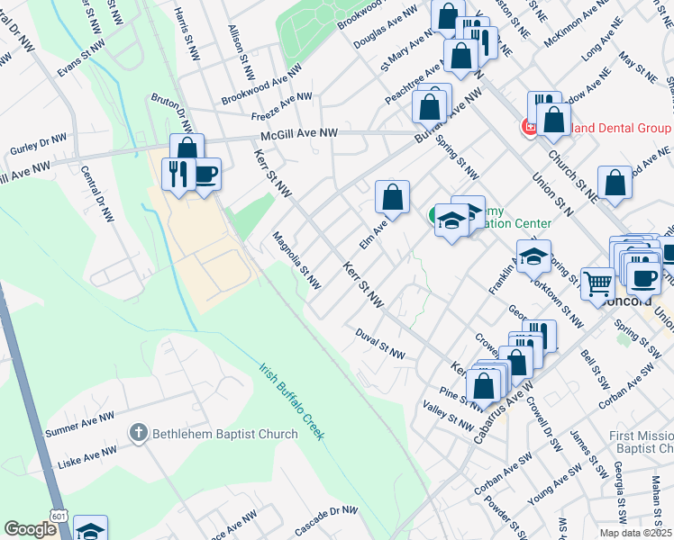 map of restaurants, bars, coffee shops, grocery stores, and more near 262 Elm Avenue Northwest in Concord