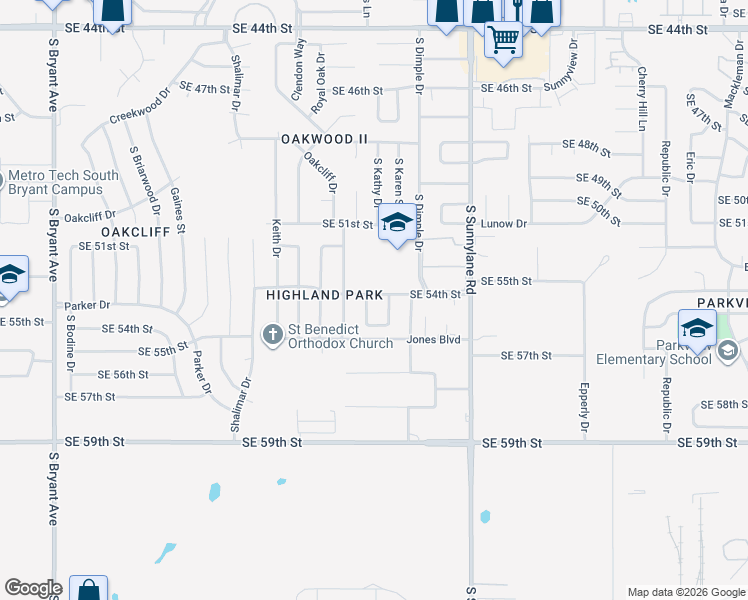 map of restaurants, bars, coffee shops, grocery stores, and more near 3909 Southeast 54th Street in Oklahoma City