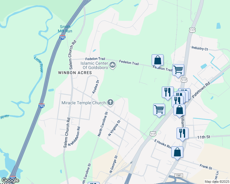 map of restaurants, bars, coffee shops, grocery stores, and more near 1917 Elton Drive in Goldsboro