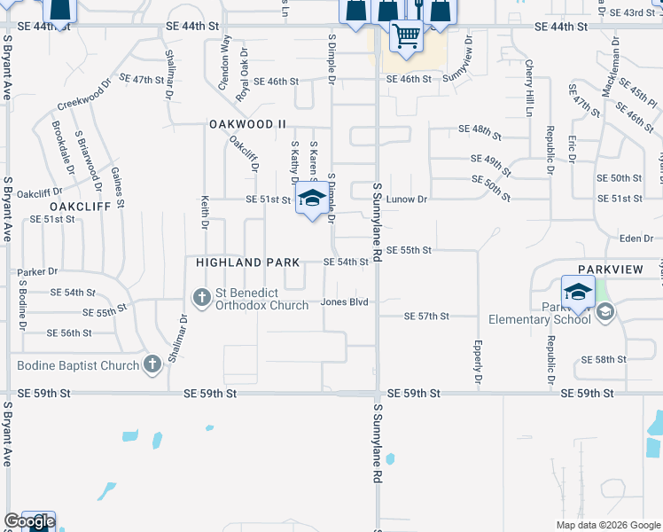 map of restaurants, bars, coffee shops, grocery stores, and more near 4208 Southeast 53rd Street in Oklahoma City