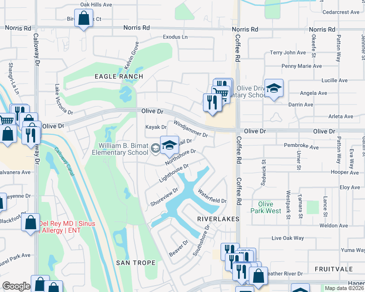 map of restaurants, bars, coffee shops, grocery stores, and more near 5706 Lily Pad Court in Bakersfield