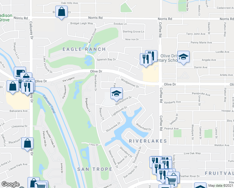 map of restaurants, bars, coffee shops, grocery stores, and more near 5706 Fair Wind Avenue in Bakersfield